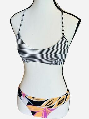 Kona Sol Black, Yellow & Pink Tropical Print Bikini Bottoms - Small, New